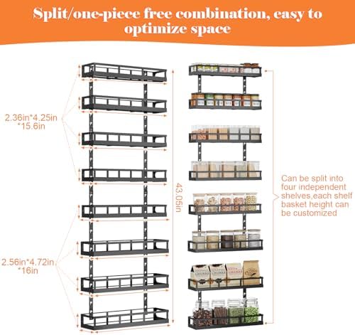 X-cosrack 8-Tier Adjustable Spice Rack – Wall-Mounted Space-Saving Organizer with Mixed Baskets, Large-Capacity Seasonin