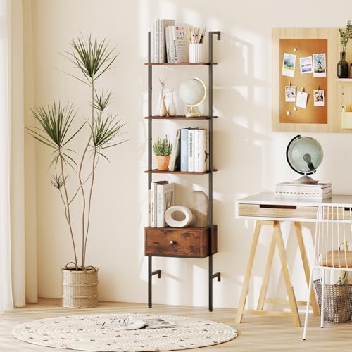 GIANTEX 5-Tier Ladder Bookcase with Drawer, 70" Tall Wall-Mounted Bookshelf with Metal Frame, Industrial Open Display Sh