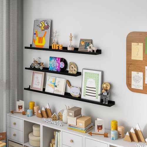FLYJOE Picture Ledge Shelf for Wall, 24 inch Solid Ash Wood Nursery Book Shelves 2 Packs, Floating Shelves for Kids' Room Bedroom Bathroom Living Room Photo Frames Office Nursey Wall Decor, Black