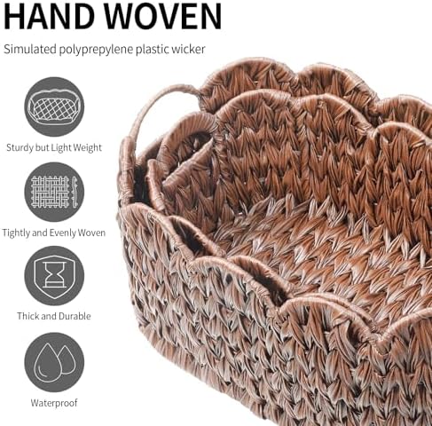 Coeusy Wicker Scalloped Basket Set of 2,Woven Storage Baskets for Shelves,Closet,Laundry,Gift,Towels,Books,Toys,Waterproof Cute Decor Basket for Organizing,Brown