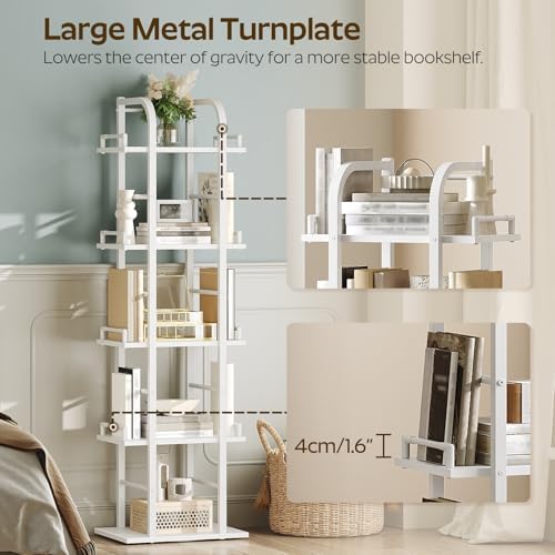 YATINEY 5 Tier Rotating Bookshelf, Freestanding Corner Bookshelf, 360 Spinning Bookcase Tower, Tall Industrial Style Org