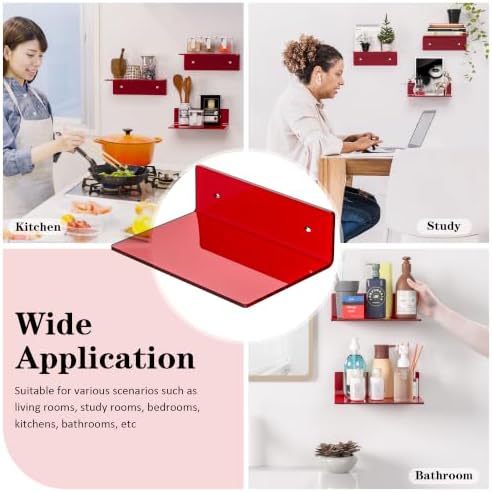 Sezanrpt 6 Inches Acrylic Small Wall Shelves, Red Floating Shelf for Wall Mounting, Acrylic Display Ledges for Funko Pop Figures, Home Décor, Living Room, Gaming Room, Plants, 2 Pack