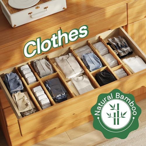 kiplant Bamboo Drawer Dividers - Adjustable Drawer Dividers for Kitchen, Clothes, Closet & Office - 6 Pack with Inserts, 18-22.6 Inches, Non-Slip Silicone Ends