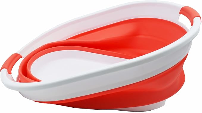 SAMMART 28L (7.4 gallon) Collapsible Plastic Laundry Basket-Oval Tub/Basket - Portable Washing Tub-Space Saving Laundry Hamper, Water capacity: 22L (5.8 gallon) (1, White/Orange Red)