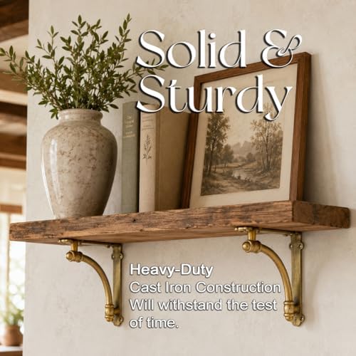 NACH Decorative Shelf Brackets, 2 Pack of 7 x 1.5 x 7 inch Gold Brackets - Cast Iron Shelf Brackets for Mounting - Half