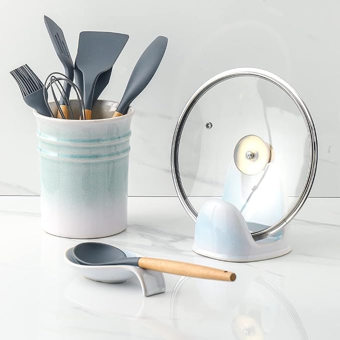 Nihow Ceramic Pot Lid Holder While Cooking for Kitchen Counter/Stove Top | Catch Water & Oil Drips,Stable & Secure,Heat Resistant,Easy to Clean & Dishwasher Safe,Space-Saving,Multi-Purpose Holder