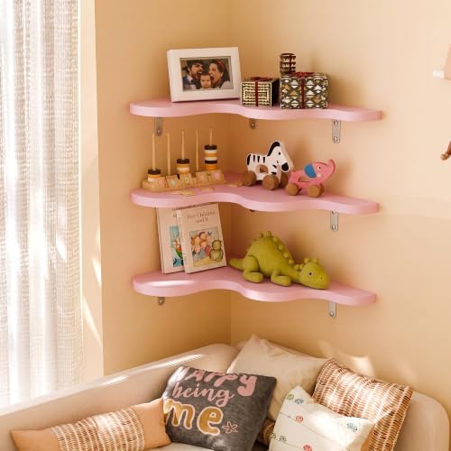 Cute Cloud Corner Shelves - Set of 3 Pink Wooden Floating Corner Shelves Wall Mounted, 90-Degree Space-Saving Nursery Sh