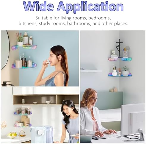 Sezanrpt 7x7 Inch Corner Shelf Wall Mount Set of 2, Iridescent Acrylic Corner Floating Shelves, Corner Wall Organizer Sh