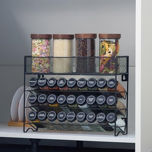 Spice Rack Organizer with 27 Spice Jars with Black Lids