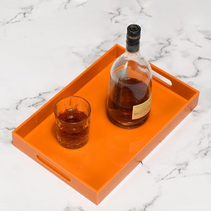 KEVLANG Orange Sturdy Acrylic Serving Tray with Handles-10x15Inch-Serving Coffee,Food,Breakfast,Butler-Kitchen Countertop Tray-Makeup Drawer Organizer-Vanity Table,Ottoman Tray-Decorative Tray