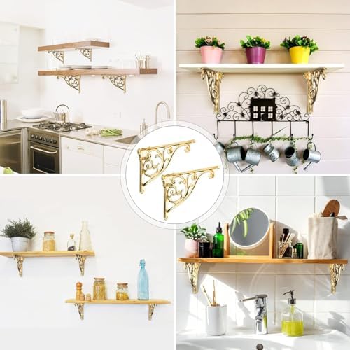 Khtumeware Ornate Decorative Shelf Brackets, 5x3.5 inch Small wall Mounted Shelving Bracket, 2 Pack Polished Brass Vinta