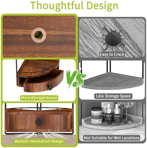 2-Tier Corner Bathroom Counter Organizer with Drawer, Acacia Wood