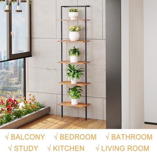 5-Tier Wall Mounted Ladder Shelf, Rustic Brown, 64.7" H