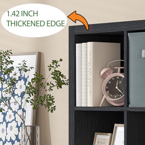 furtble Bookshelf with Storage Bin, 6-Cube Storage Organizer, Modern Wood Open Bookcase, Multifunctional Display Shelf f