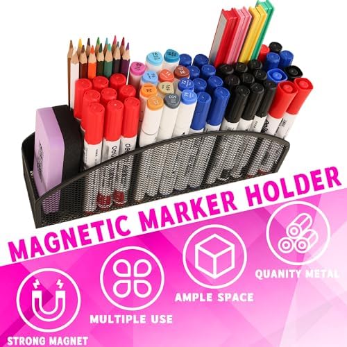 Large Magnetic Marker Holder, Heavy Duty Magnetic Whiteboard Organizer, 5 Slots Mesh Metal Magnetic Dry Erase Marker Holder Pencil Cup Caddy for Whiteboard Fridge Office (Black)