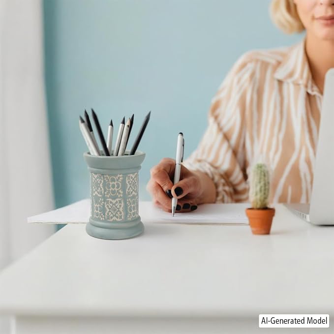 Printed Pencil Holder, Cute Pen Holder for Desk, Ceramic Carved Cylinder Pencil Holder, Office Decoration Container Islamic Style(Blue)