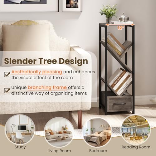 GIANTEX Tree Bookshelf with Drawer, 4-Tier Narrow Bookcase with Metal Frame, Tall Floor Standing Storage Organizer for S