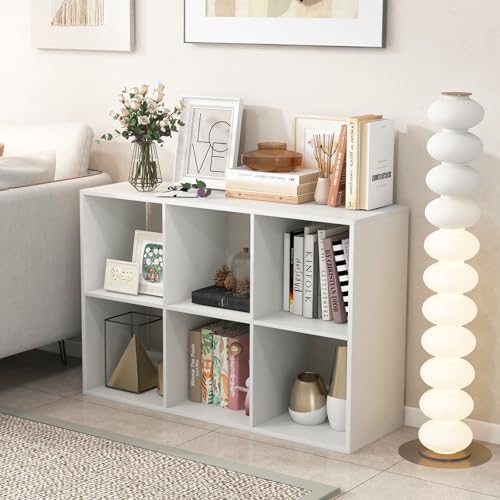 6 Cube Storage Organizer, 2 Tier Floor Standing Bookcase with Anti-Toppling Kits, Wooden Open Display Shelf for Living R