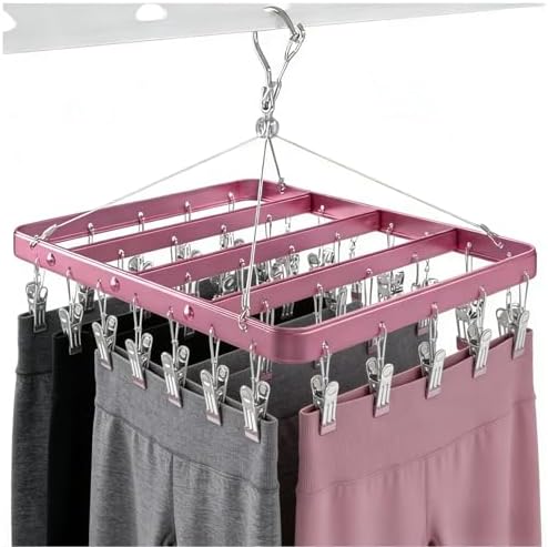 Pants Hangers Clothes Drying Racks Clip Hangers Metal with 36 Clips Windproof Underwear Hanger Foldable Laundry Clip for Jeans Yoga Leggings Trousers Socks Bras (Pink)