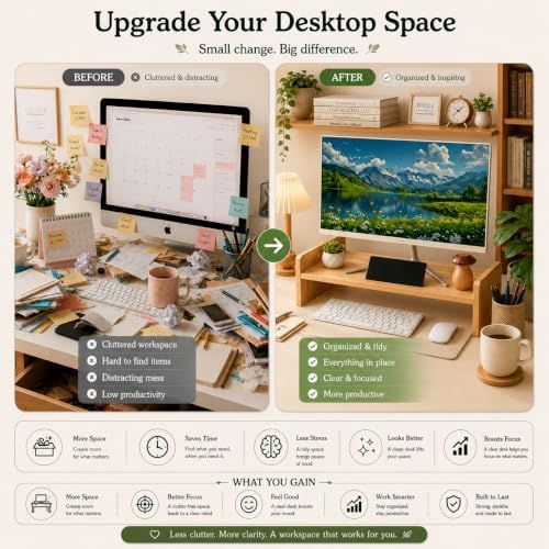 Bamboo Monitor Stand for Desk, 3-Level Adjustable Monitor Riser, Wooden Desktop Shelf Organizer, Portable and adjustable