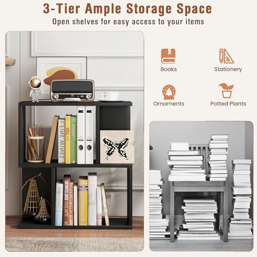 Tangkula 3 Tier Geometric Bookshelf, S Shaped Open Bookcase with Storage, Home Office Decor, Freestanding Wood Display S
