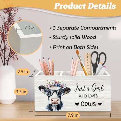 Cow Inspirational Pen Holder Organizer for Desk Accessories, Just a Girl Who Loves Cows Farmhouse Wooden Box Sign Desk Decorations for Home Classroom Dorm Office Tabletop Decor