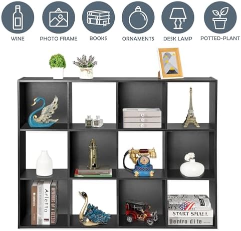 SUPER DEAL 12 Cube Storage Organizer, Open Shelf Bookcase, Wood Cubical Shelves Closet Cabinet Display Unit with 6 Remov