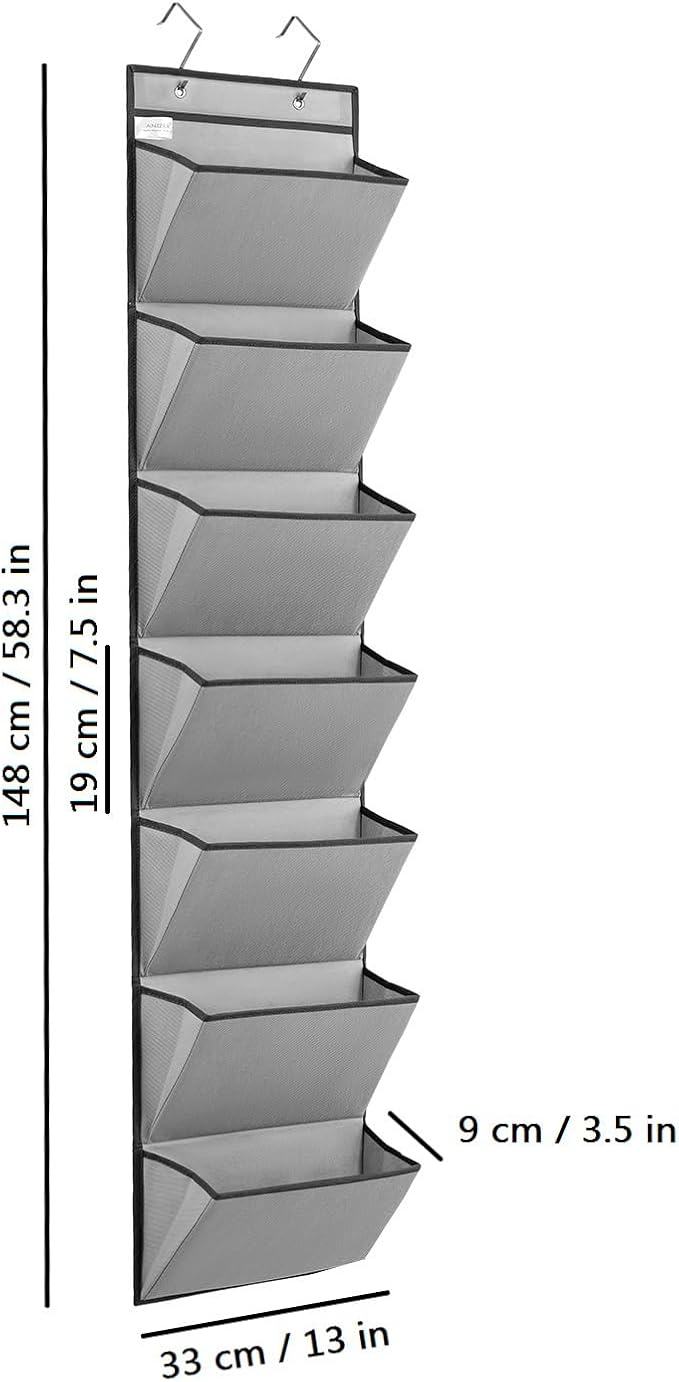 Wall Mounted File Holder Over Door Hanging Mail Organizer Document Storage Bag for Papers Magazines and Books (7 POCKETS-GREY)