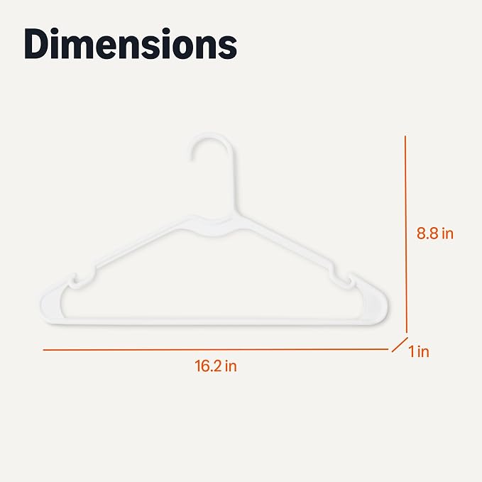 Amazon Basics Space Saving Plastic Clothes Hangers, Sturdy Closet Organizer for Shirts and Jackets, Adult Size, White, 50-Pack
