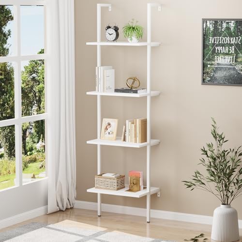 Wolawu Ladder Shelf 4 Tiers Metal Industrial Bookshelf,White Wooden Tall Open Storage Rack and Display Shelves,Wall Moun