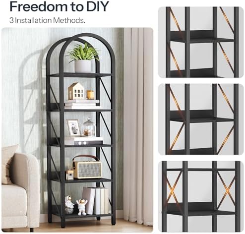 HOOBRO Bookshelf, 5-Tier Arched Bookshelf, Industrial Bookcase with Metal Frame, Tall Book Shelf Storage Organizer for L