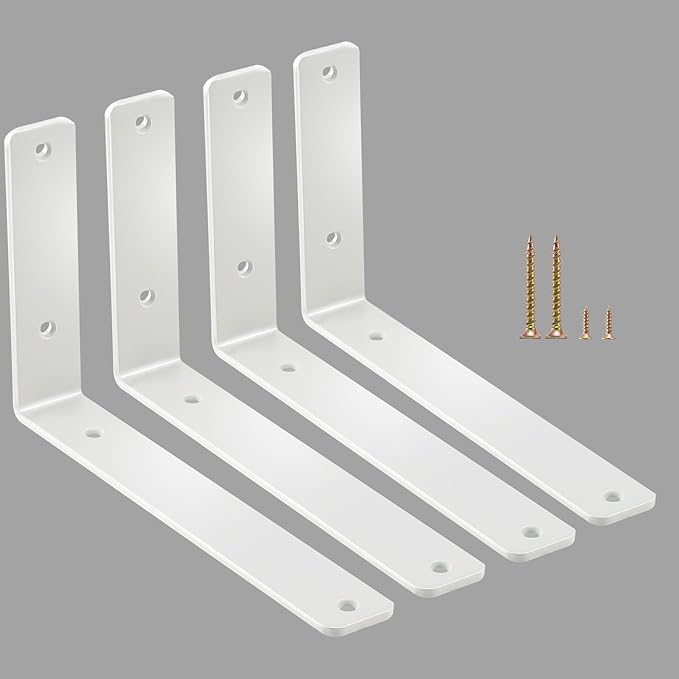 6 Pack - L 8" x H 6" x W1.5, 5mm Thick White L Shelf Bracket, Iron Shelf Brackets, Metal Shelf Brackets, Floating Shelf, Shelf Supports with Screws