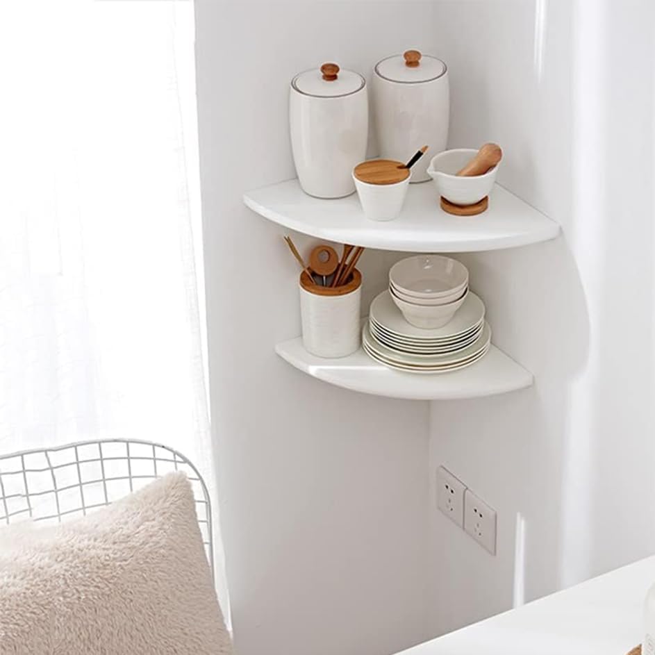 Corner Shelves, Floating Corner Shelf, Set of 3 Solid Oak Wood Corner Wall Shelves, Round End with Wire Hole Shelving fo