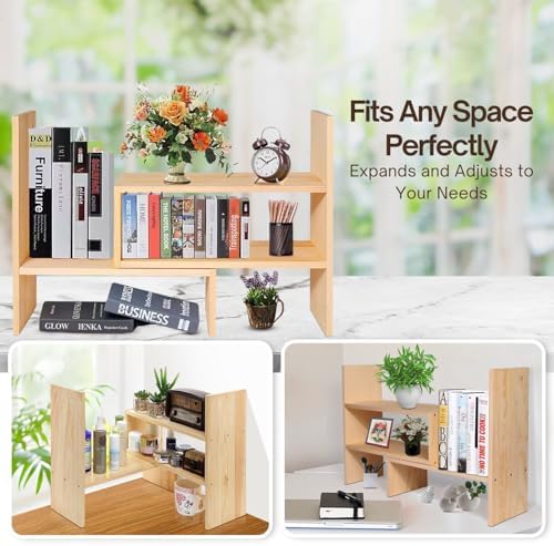 Flexzion Natural Wooden Desktop Shelf Wood Caddy Desk Organizer Set Office Storage Adjustable Expandable Tabletop Access