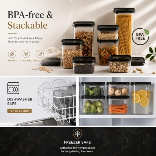 Neoflam Smart Seal Airtight Food Storage Containers Set of 3, 0.73L Pantry Containers for Cereal, Flour, Rice & Dry Food, Stackable BPA-Free Clear Canisters with Twist Lock Lids, Black, 25 oz