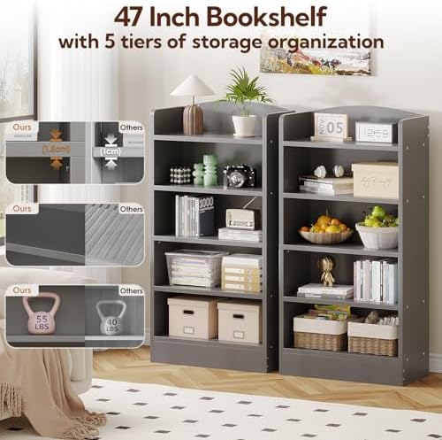 ALISENED 5-Tier Bookcase, Open Bookshelves and Bookcases with Storage Shelves, Floor Standing Unit, Display Storage Shel