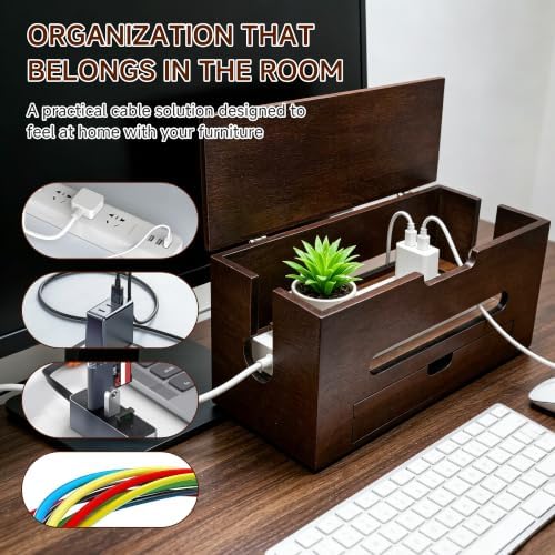 Cable Management Box with Storage Drawer, Wooden Cord Organizer Box