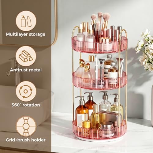 360° Rotating Makeup Organizer, Upgraded 3 Tier Skincare Perfume Organizers for Women, Bathroom Organizer Countertop, Cl