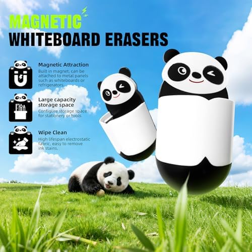 Cute Panda Magnetic Pen Holder, Strong Magnet for Glass Whiteboard, Refrigerator & Locker - 4 Pack Marker Organizer, Dry Erase Marker Holder for School, Home & Office (Black/White)