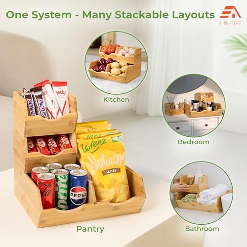 HOMESTEAD Bamboo Pantry Storage Bins – Stackable Potato & Onion Storage Bin for Kitchen Countertop, Pantry Organizer, Fr