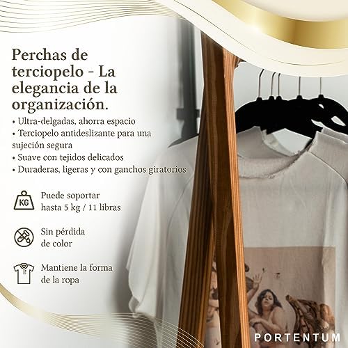 PORTENTUM Velvet Hangers, Pack of 10, Black, Accessory Holder, 360º Hook, Space Saving, Notches for Dresses, Non-Slip Hangers, for All Types of Clothes, Made in Spain
