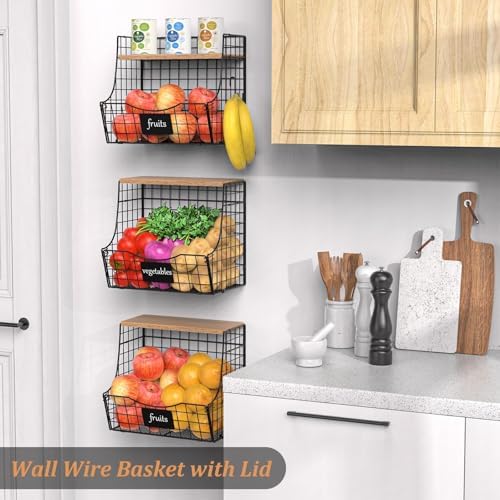 3 Pack wire Fruit Basket for Kitchen with Wood Lid - Counter&Wall Mounted Onion and Potato Storage with Nameplate, Hangi