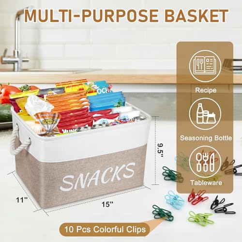 Snack Organizer for Pantry, Decorative Snack Basket with 10pcs Chip Clips, Snack Organizer for Desktop, Collapsible Snac