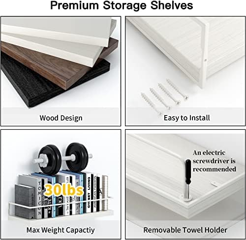 Shario Floating Shelves - Set of 2, Wall Mounted Hanging Shelves with White Towel Rack, Decorative Storage Shelves for B