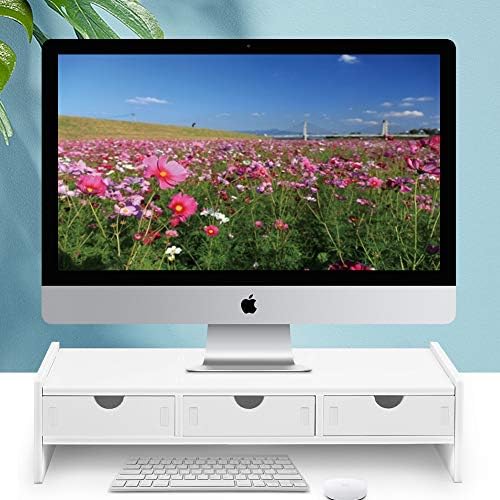 valen Monitor Stand Riser, Computer Laptop Riser Shelf with 3 Organizer Drawers (White, 19.5" L x 7.5" W x 4.7" H) (Whit