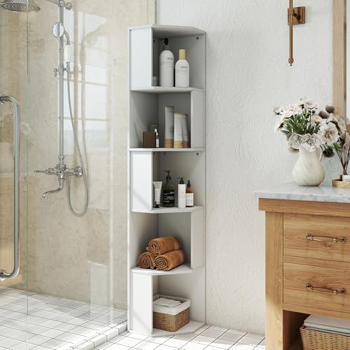 Wooden 5 Tier Narrow Shelf Bookcase with Open Shelves, 5 Tier Tall Thin Corner Bookshelf, Wooden Standing Corner Shelf f
