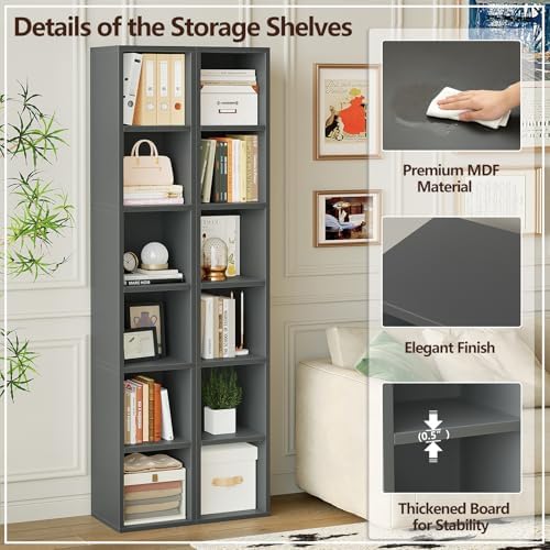 6-Tier Tall Narrow Bookshelf,Slim Bookcase with Open Cubes
