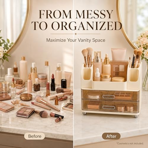 ROOM127 Makeup Organizer for Vanity with 2 Clear Drawers and Brush Holders