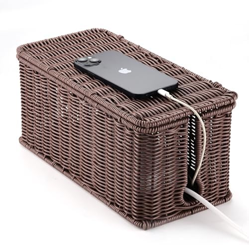 ZhiYo Rattan Cable Management Box, Dark Brown, 13.5" x 6.2" x 6"