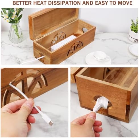 Wood Cable Management Box - 15.8" (L) x 6" (W) 5.5" (H) Acacia Wood Cable Hider Box, Cord Hider with Magnet Design & Out